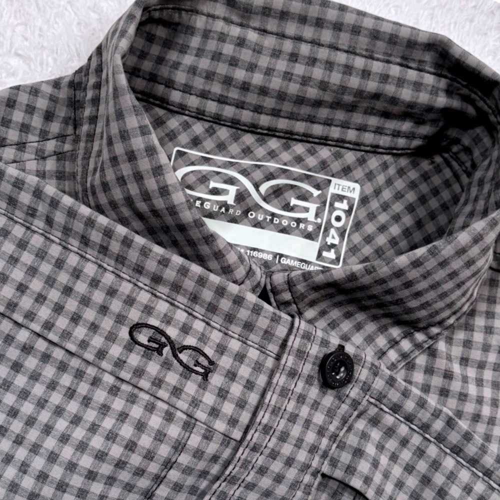 GameGuard Button Fishing Shirt Men M Gray Black Tek Check Vented Short Slve 1041
